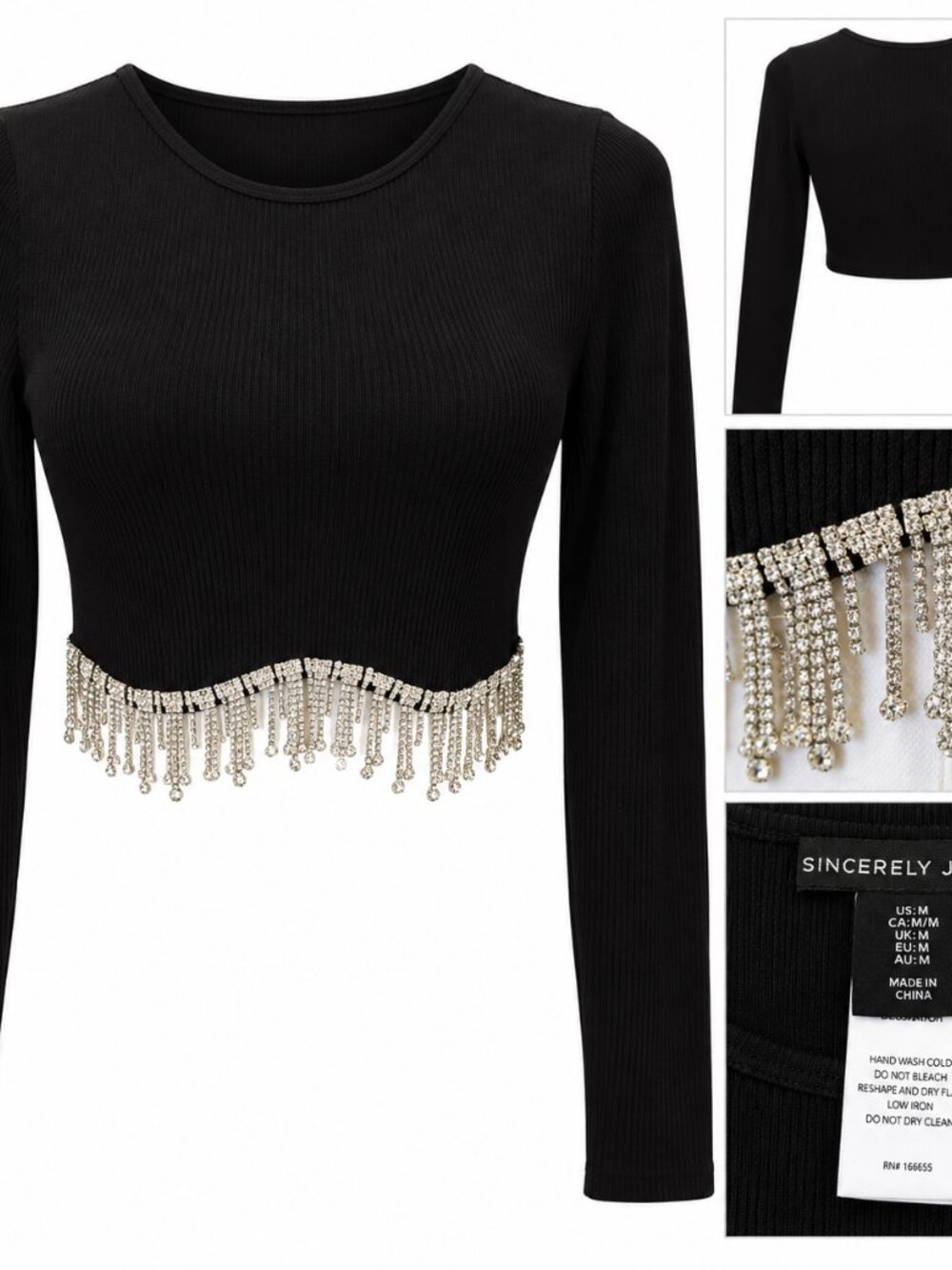 Sincerely Jules Black Rhinestone Fringe Long Sleeve Crop Top Size M